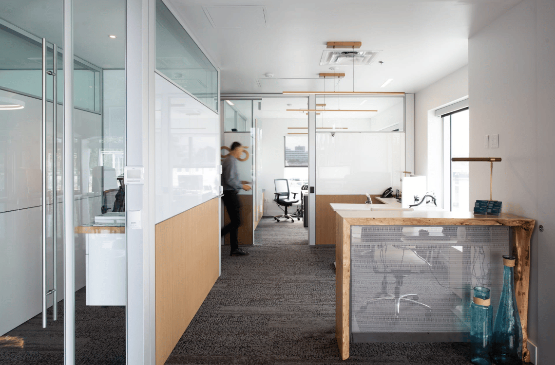 DIRTT closed office, customizable modular walls, sliding glass doors