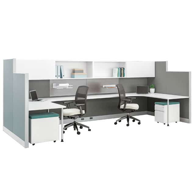Kimball open office working area. Chair and adjustable table set up Office furniture