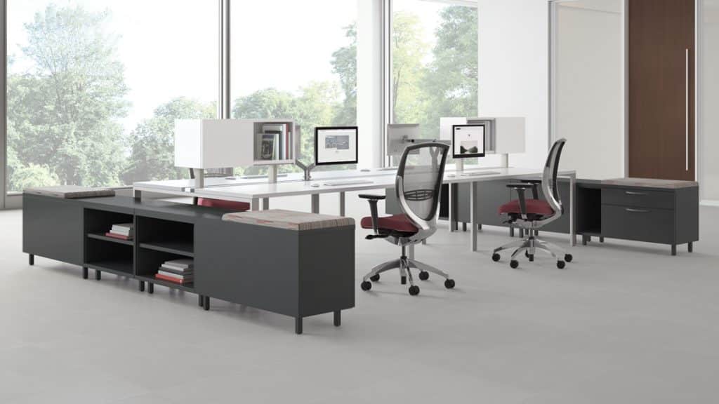 Kimball desk and office set up. Rolling chair and table for multiple workers. Office furniture